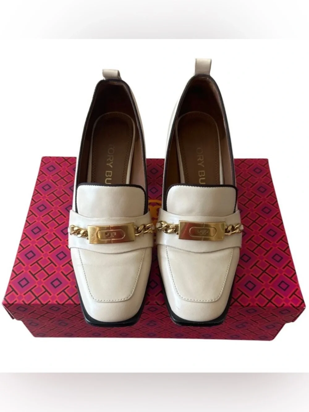 Tory Burch Perrine Heeled Loafers‎ Cream Chain Block Heel 7.5